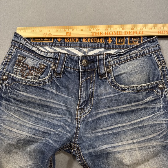 ROCK REVIVAL LUCIO 33 BOOT EMBROIDERED WHISKERING THICK STITCH JEANS - Picture 9 of 10